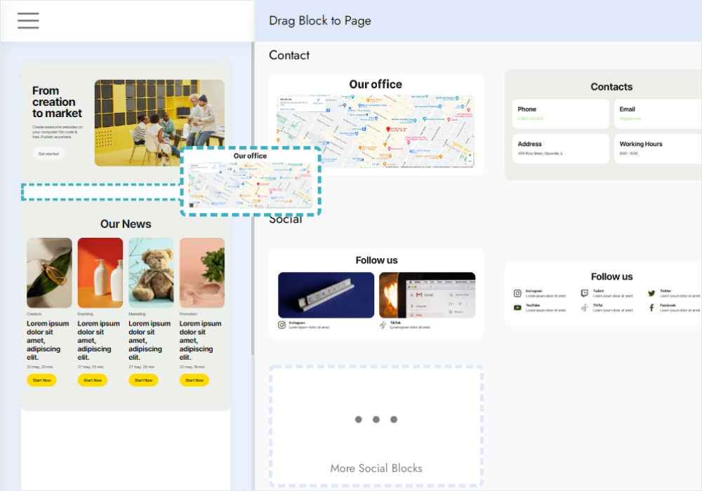 If you want to add the Google Map widget to your website, drag and drop a block with a map from the Blocks list, and click on the blue "gear" button in the upper right corner of the block to open block parameters.