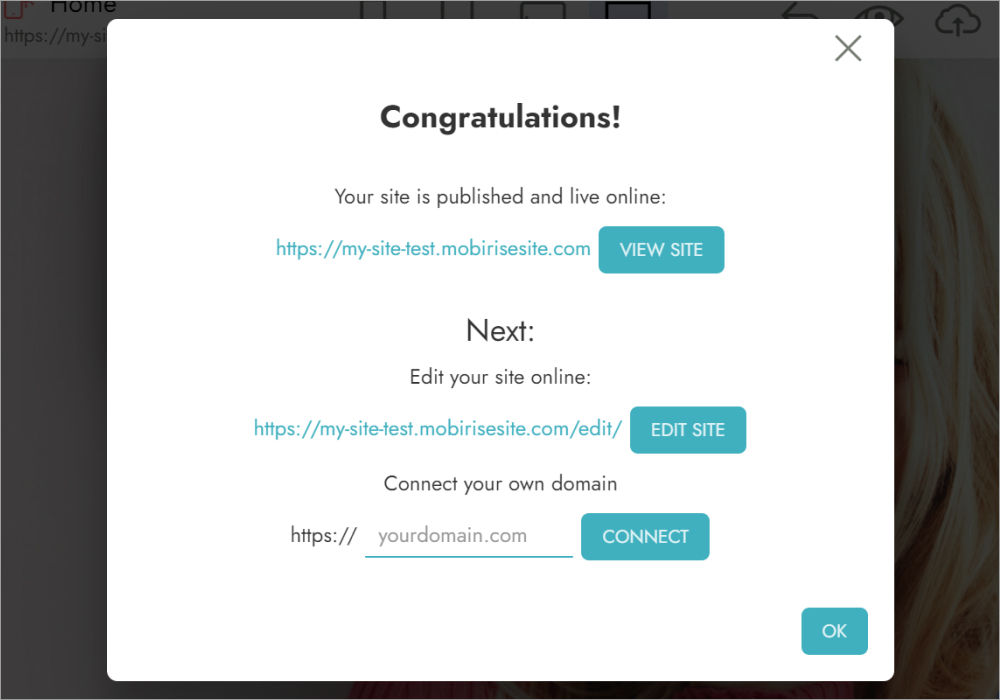 In the publishing dialog you will see the following options: .mobirisesite.com.